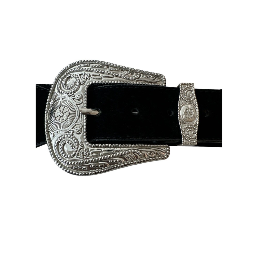 ASOS Belt Womens Small Médium Black West‎ Silver Plated Buckle Cowgirl Elastic